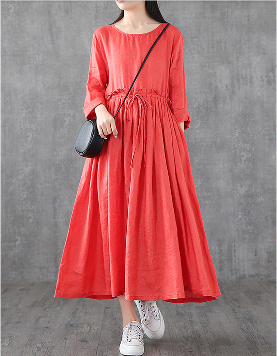 O Neck Long Sleeve Summer Spring Linen Women loose Dresses DZA05241 VPPBUY shop