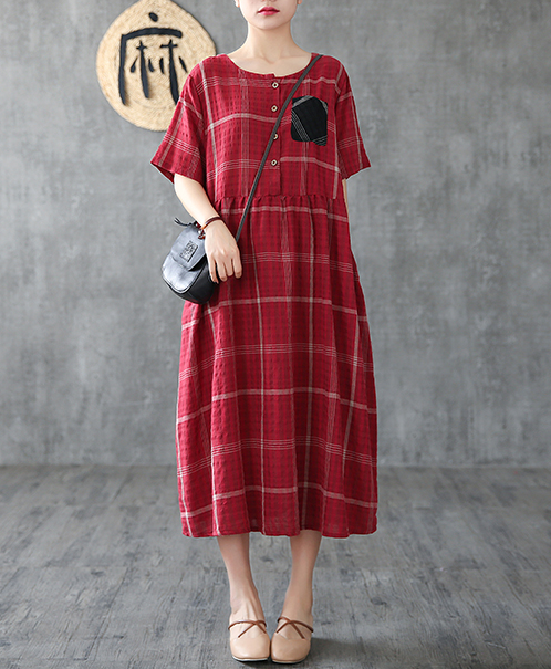 Plaid Long Sleeve Summer Spring Cotton Linen Women Dresses DZA206102 VPPBUY shop