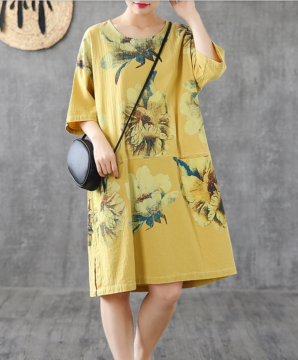 Side Slit Floral Short Sleeve Print Floral Summer Spring Cotton Linen Women Dresses DZA20664 VPPBUY shop