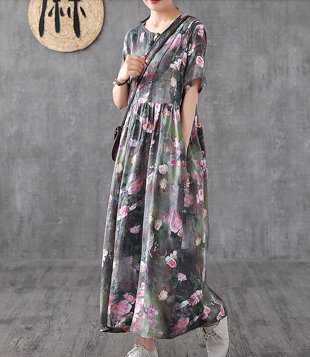 Print Short Sleeve Summer Spring Linen Women loose Dresses DZA20653 VPPBUY shop