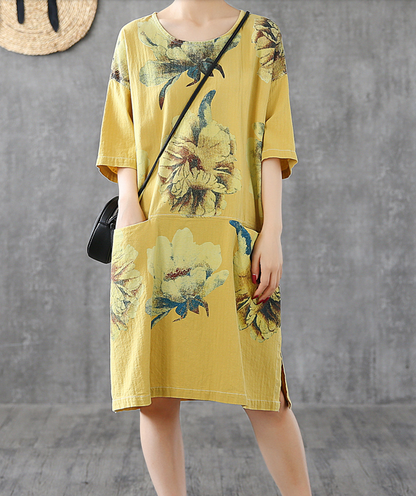 Side Slit Floral Short Sleeve Print Floral Summer Spring Cotton Linen Women Dresses DZA20664 VPPBUY shop