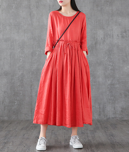 O Neck Long Sleeve Summer Spring Linen Women loose Dresses DZA05241 VPPBUY shop