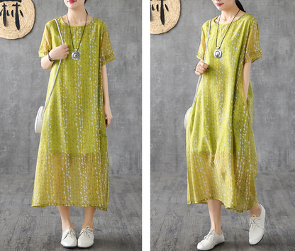 Short Sleeve Floral Print Summer Spring Cotton Linen Women Dresses DZA20668 VPPBUY shop