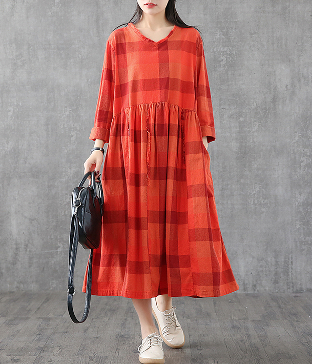 Plaid Summer Spring Dresses Cotton Linen Women loose Style V Neck   DZA05244 VPPBUY shop