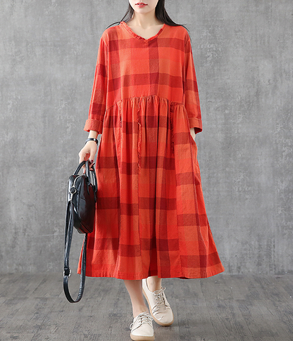 Plaid Summer Spring Dresses Cotton Linen Women loose Style V Neck   DZA05244 VPPBUY shop