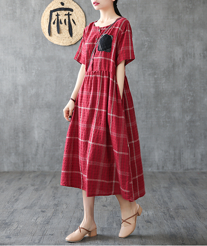 Plaid Long Sleeve Summer Spring Cotton Linen Women Dresses DZA206102 VPPBUY shop