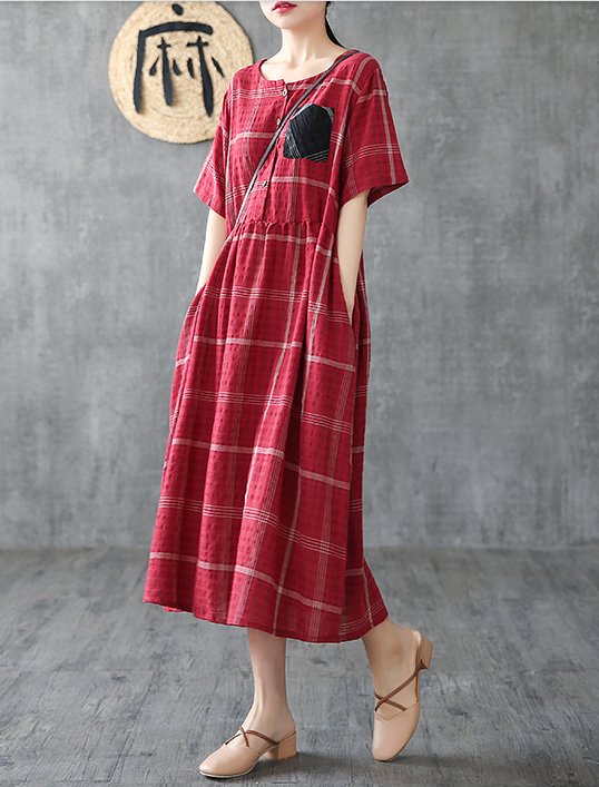 Plaid Long Sleeve Summer Spring Cotton Linen Women Dresses DZA206102 VPPBUY shop