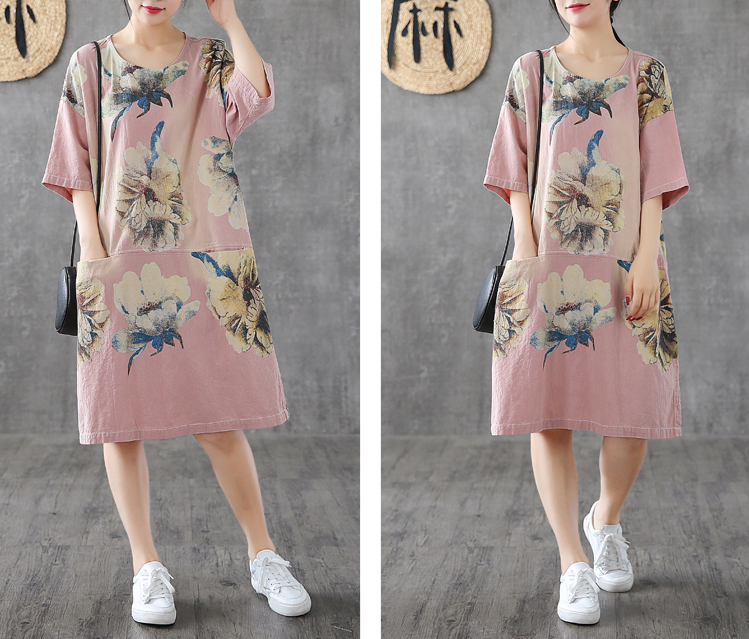 Side Slit Floral Short Sleeve Print Floral Summer Spring Cotton Linen Women Dresses DZA20664 VPPBUY shop