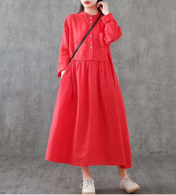 Long Sleeve Summer Spring Cotton Linen Women loose Dresses DZA2061 VPPBUY shop