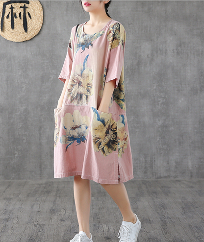 Side Slit Floral Short Sleeve Print Floral Summer Spring Cotton Linen Women Dresses DZA20664 VPPBUY shop