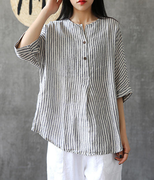 Stripes Summer Women Casual Blouse Cotton Linen Shirts Women Tops DZA2005241 VPPBUY shop