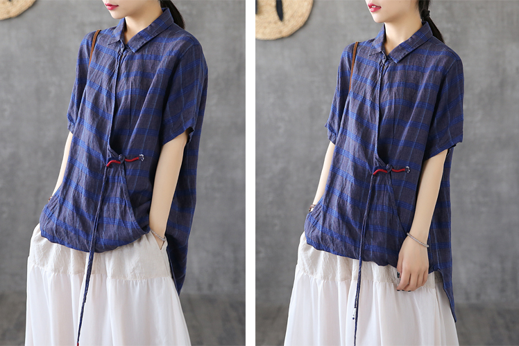 Plaid Summer Women Casual Blouse Linen Shirts Tops DZA2007201 VPPBUY shop