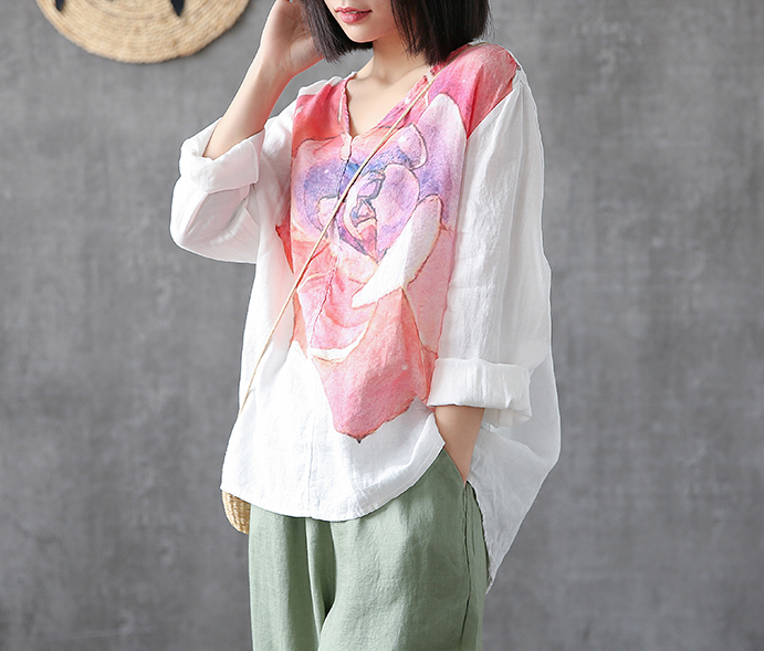 Flower Print Long Sleeve V Neck Linen Shirts Summer Women Tops DZA2005317 VPPBUY shop