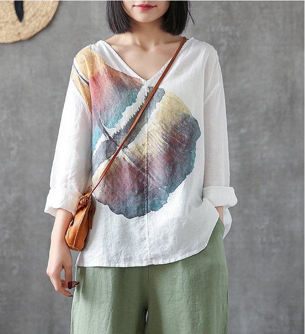 Flower Print Long Sleeve V Neck Linen Shirts Summer Women Tops DZA2005317 VPPBUY shop