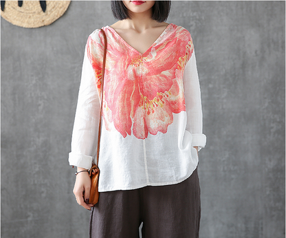 Flower Print Long Sleeve V Neck Linen Shirts Summer Women Tops DZA2005317 VPPBUY shop