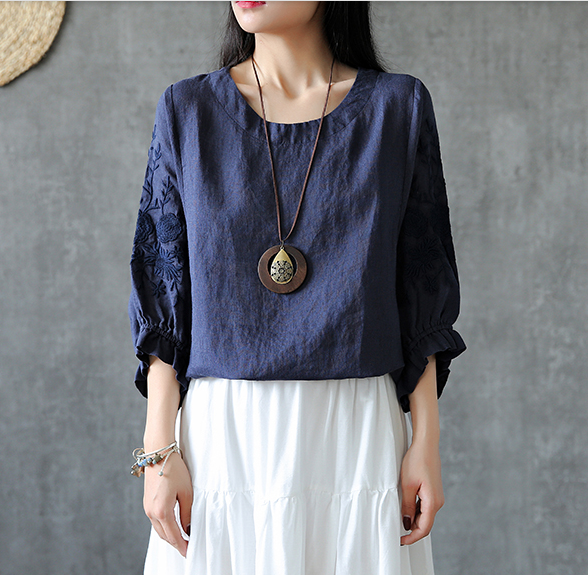 Embroidery Sleeve Summer Women Casual Blouse Cotton Linen Shirts  Women Tops DZA2005248 VPPBUY shop