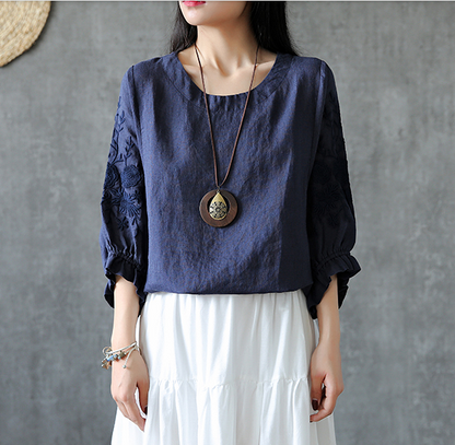 Embroidery Sleeve Summer Women Casual Blouse Cotton Linen Shirts  Women Tops DZA2005248 VPPBUY shop