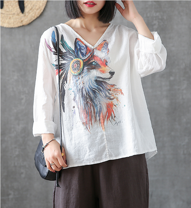 Flower Print Long Sleeve V Neck Linen Shirts Summer Women Tops DZA2005317 VPPBUY shop