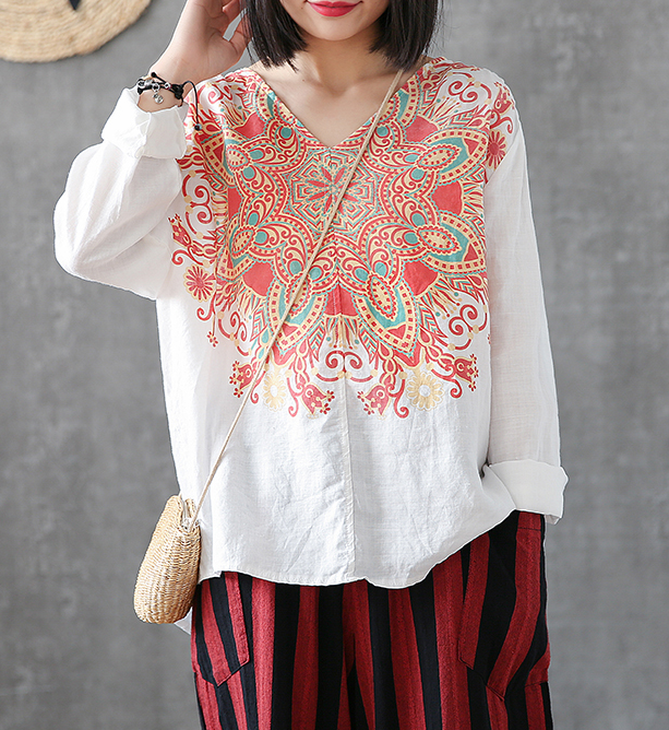 Flower Print Long Sleeve V Neck Linen Shirts Summer Women Tops DZA2005317 VPPBUY shop