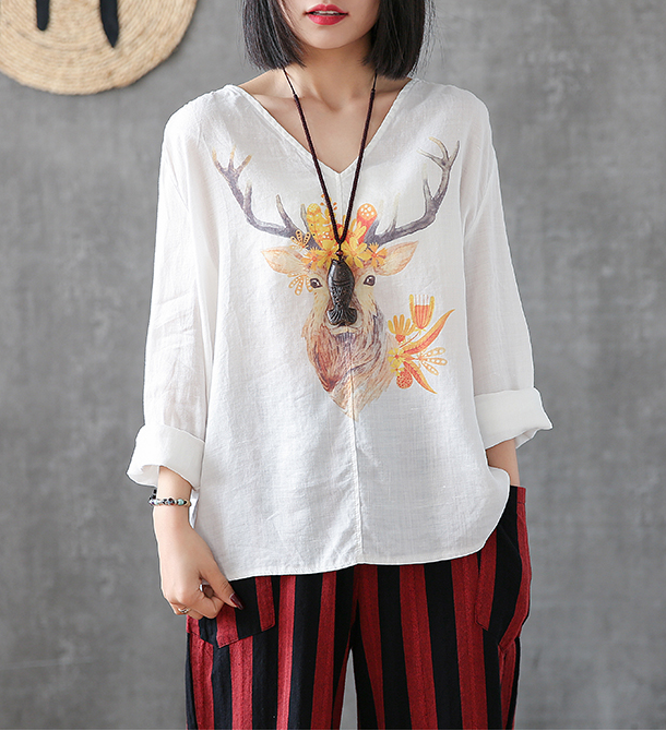 Flower Print Long Sleeve V Neck Linen Shirts Summer Women Tops DZA2005317 VPPBUY shop