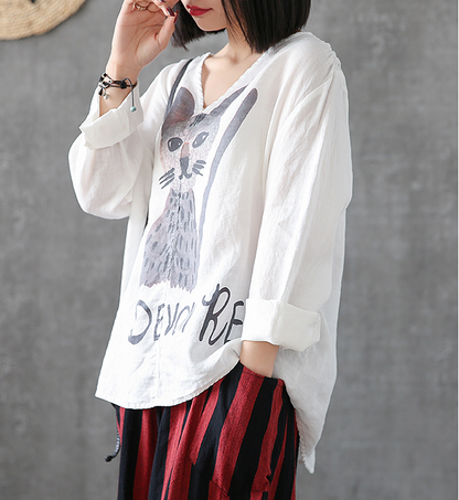 Flower Print Long Sleeve V Neck Linen Shirts Summer Women Tops DZA2005317 VPPBUY shop