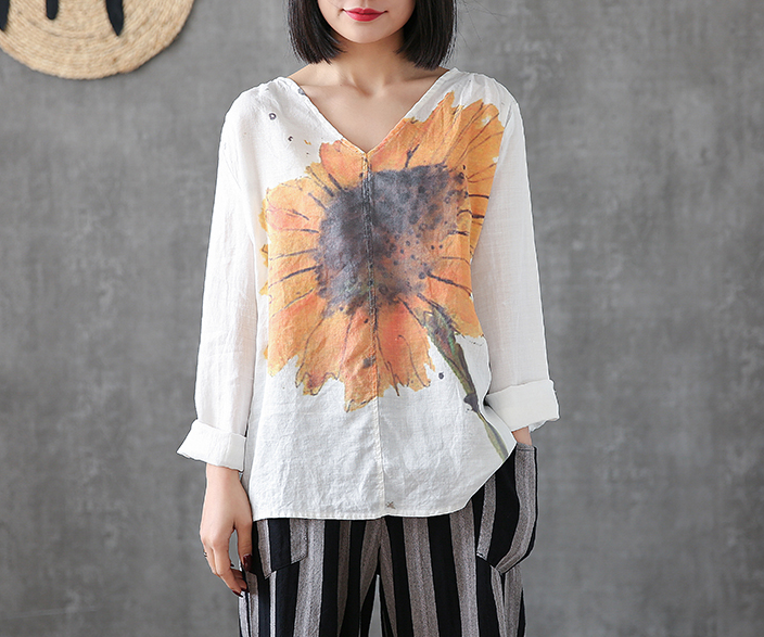 Flower Print Long Sleeve V Neck Linen Shirts Summer Women Tops DZA2005317 VPPBUY shop