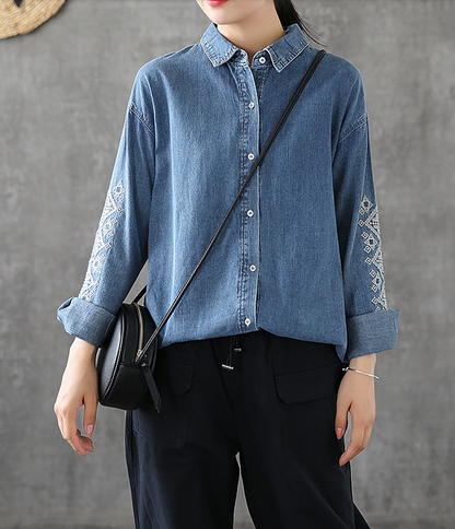 Denim Women Casual Blouse Cotton Linen Shirts Tops DZA200862 VPPBUY shop