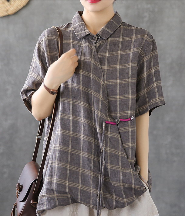 Plaid Summer Women Casual Blouse Linen Shirts Tops DZA2007201 VPPBUY shop