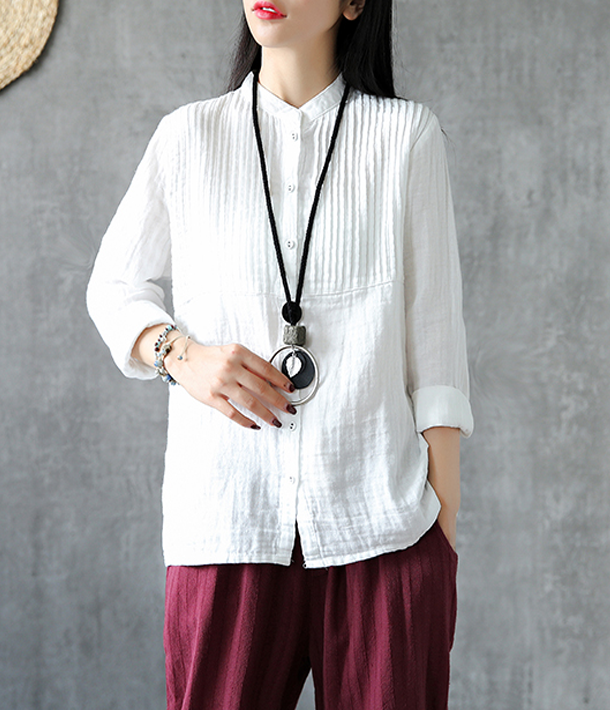 Pleated Chest Summer Women Casual Blouse Cotton Linen Shirts  Women Tops DZA2005248 VPPBUY shop