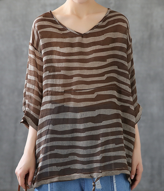 Striped Summer Women Casual Blouse Cotton  Linen Shirts Tops DZA2007191 VPPBUY shop