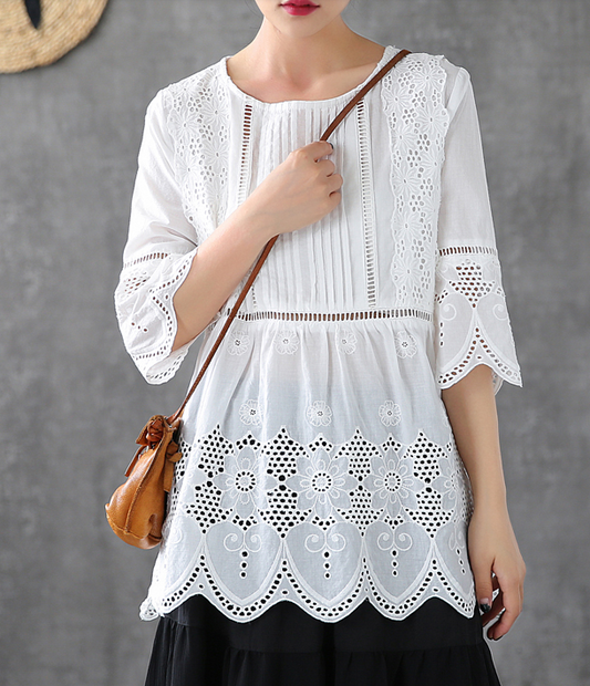 Hollow Summer Women Casual Blouse Cotton Shirts Tops DZA2007202 VPPBUY shop