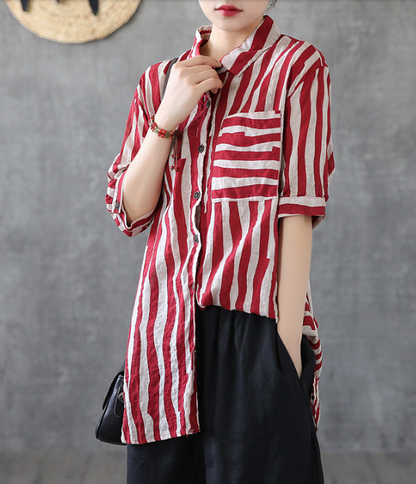 Striped Summer Women Casual Blouse Cotton  Linen Shirts Tops DZA2007192 VPPBUY shop