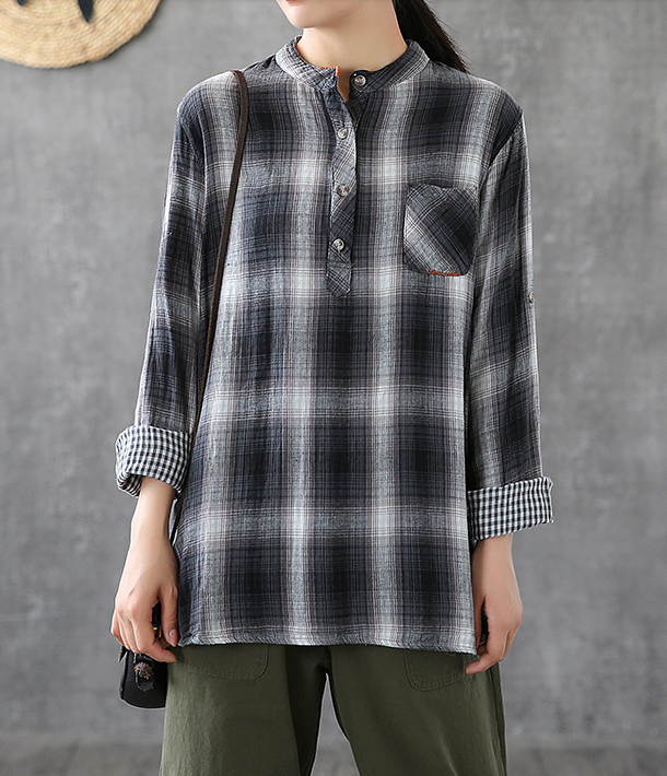 Plaid Women Casual Blouse Cotton Linen Shirts Tops DZA200864 VPPBUY shop