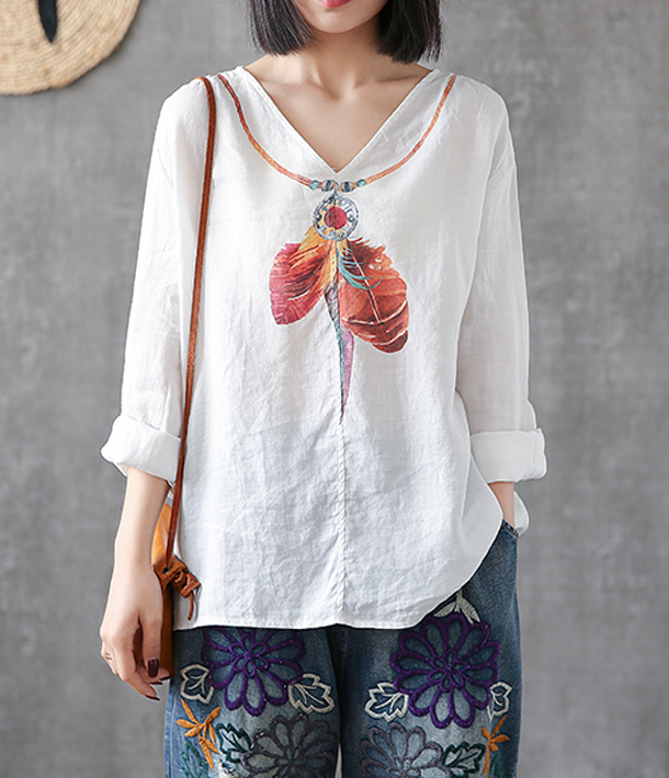 Flower Print Long Sleeve V Neck Linen Shirts Summer Women Tops DZA2005317 VPPBUY shop