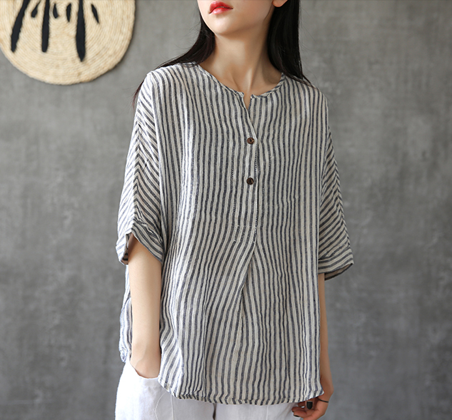 Stripes Summer Women Casual Blouse Cotton Linen Shirts Women Tops DZA2005241 VPPBUY shop