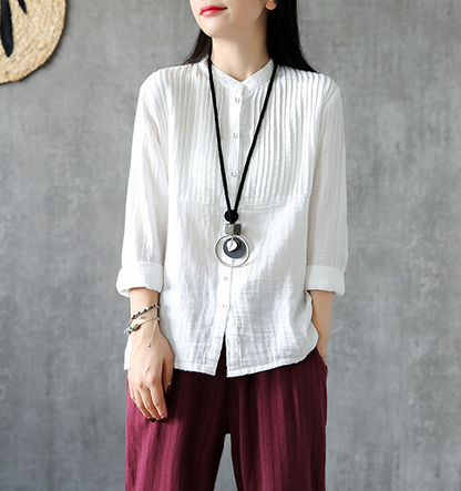 Pleated Chest Summer Women Casual Blouse Cotton Linen Shirts  Women Tops DZA2005248 VPPBUY shop