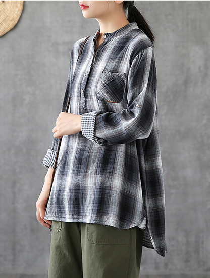 Plaid Women Casual Blouse Cotton Linen Shirts Tops DZA200864 VPPBUY shop