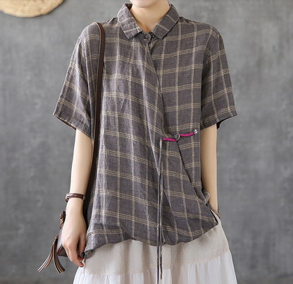 Plaid Summer Women Casual Blouse Linen Shirts Tops DZA2007201 VPPBUY shop