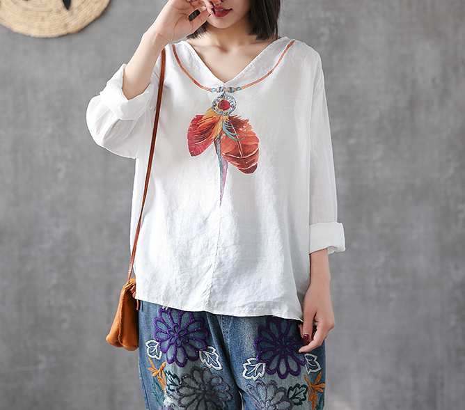 Flower Print Long Sleeve V Neck Linen Shirts Summer Women Tops DZA2005317 VPPBUY shop