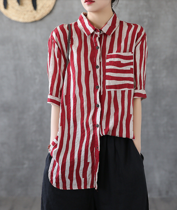 Striped Summer Women Casual Blouse Cotton  Linen Shirts Tops DZA2007192 VPPBUY shop