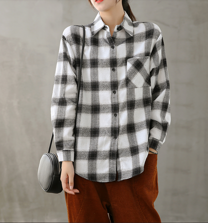 Plaid Women Casual Blouse Cotton Linen Shirts Tops DZA2008231 VPPBUY shop