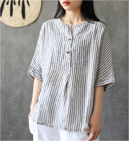 Stripes Summer Women Casual Blouse Cotton Linen Shirts Women Tops DZA2005241 VPPBUY shop