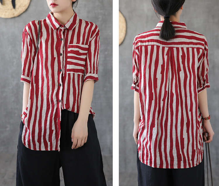 Striped Summer Women Casual Blouse Cotton  Linen Shirts Tops DZA2007192 VPPBUY shop