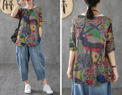 Patterned Summer Women Casual Blouse Cotton Linen Shirts Tops DZA2007132 VPPBUY shop