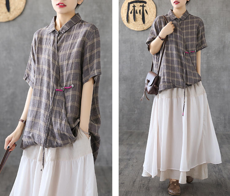 Plaid Summer Women Casual Blouse Linen Shirts Tops DZA2007201 VPPBUY shop