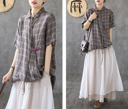 Plaid Summer Women Casual Blouse Linen Shirts Tops DZA2007201 VPPBUY shop