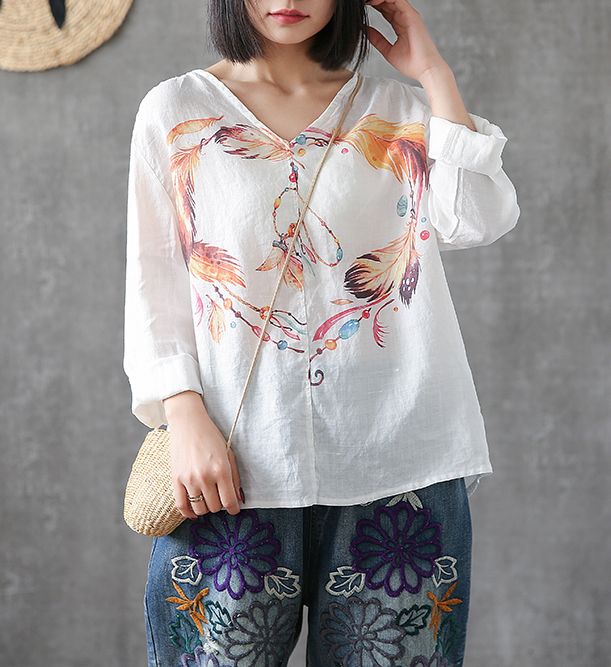 Flower Print Long Sleeve V Neck Linen Shirts Summer Women Tops DZA2005317 VPPBUY shop