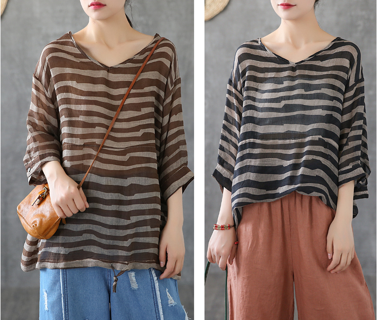 Striped Summer Women Casual Blouse Cotton  Linen Shirts Tops DZA2007191 VPPBUY shop