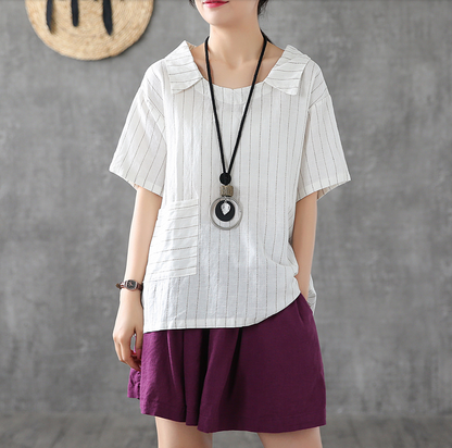 Striped Summer Women Casual Blouse Cotton Shirts Tops DZA2007205 VPPBUY shop