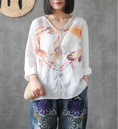 Flower Print Long Sleeve V Neck Linen Shirts Summer Women Tops DZA2005317 VPPBUY shop